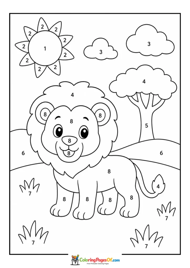 Lion in Savanna color by number coloring page