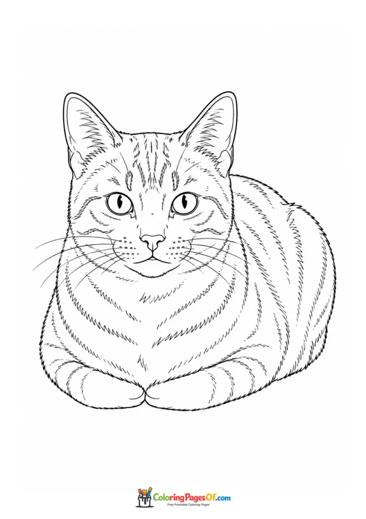 Loafing tabby cat – printable black and white coloring page