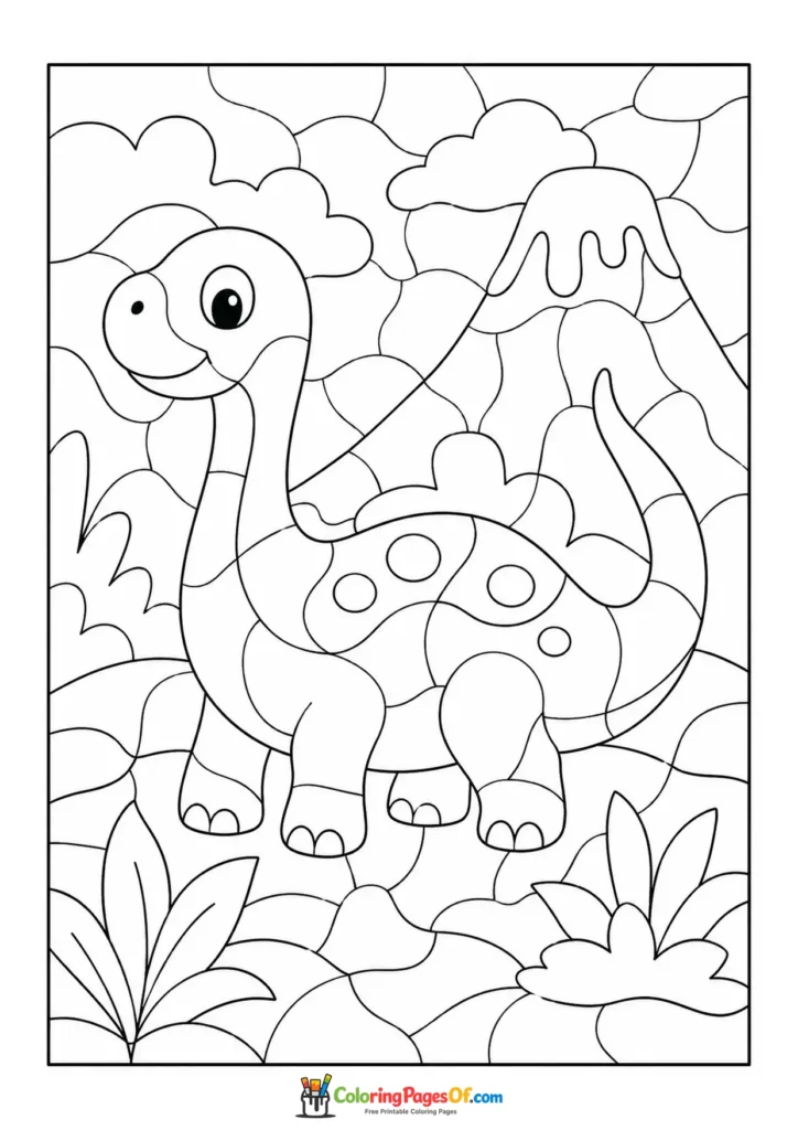 Long-Neck Dinosaur in Prehistoric Landscape color by number coloring page