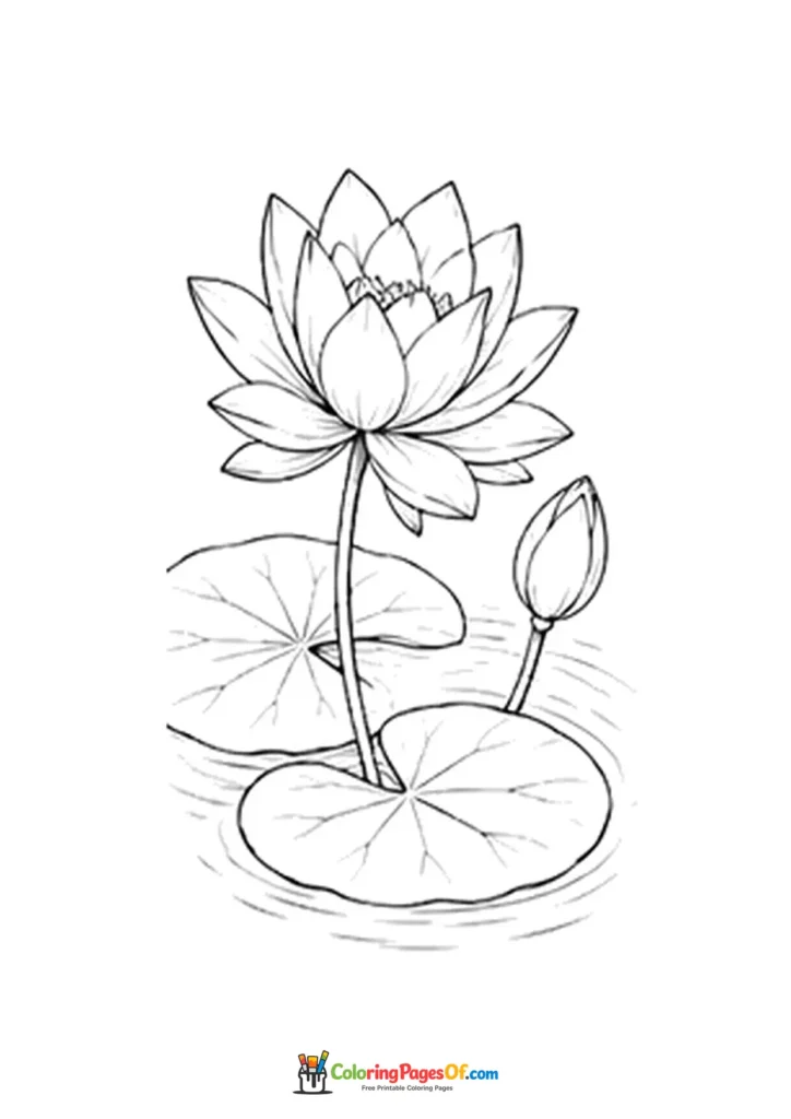 Lotus flower and bud above round lily pads on water coloring page