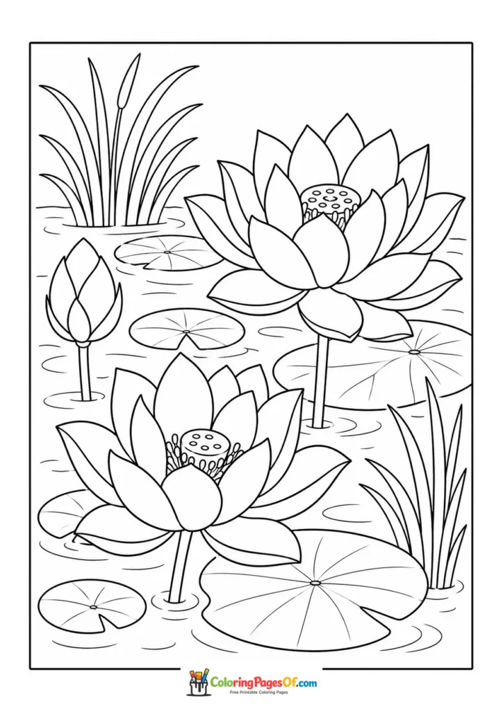 Lotus flowers and buds growing among lily pads in a pond coloring page