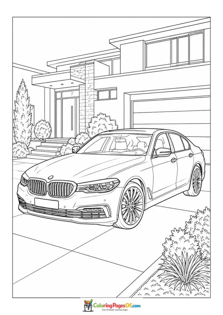 Luxury sedan in a modern driveway coloring page