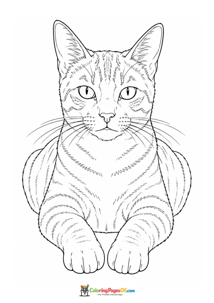Lying tabby cat facing forward – printable black and white coloring page