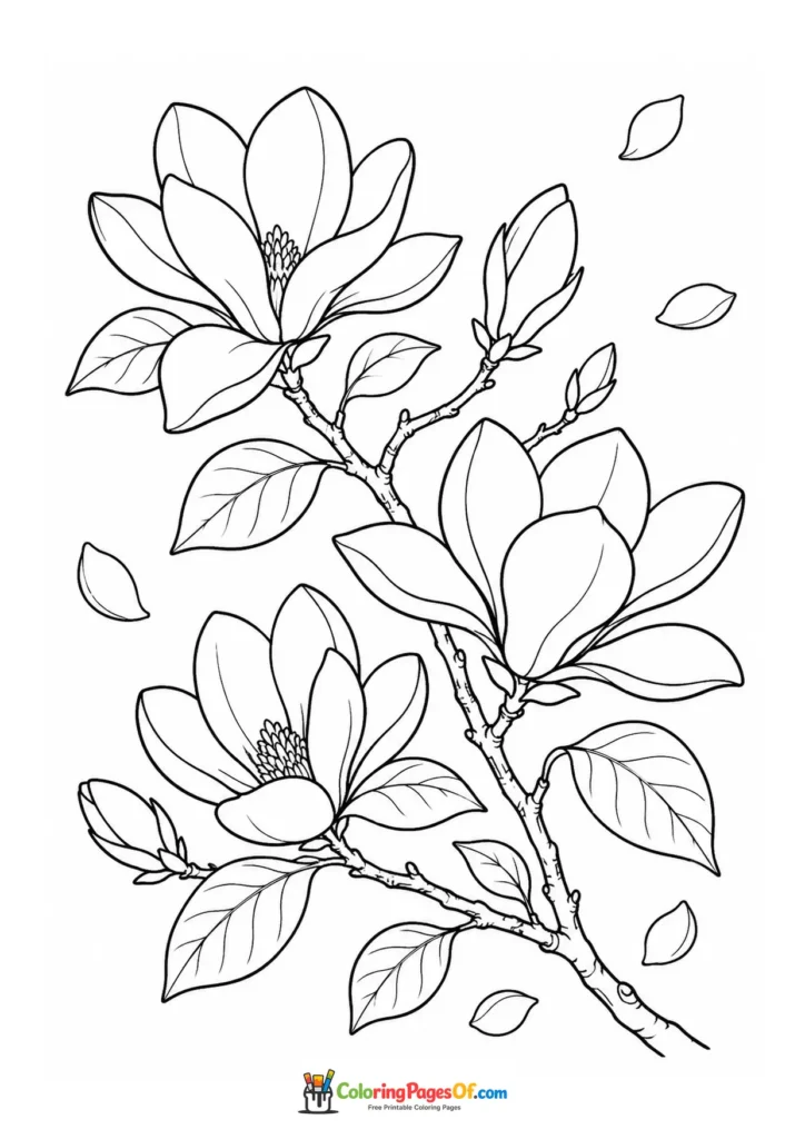 Magnolia branch with open flowers, buds and falling petals coloring page
