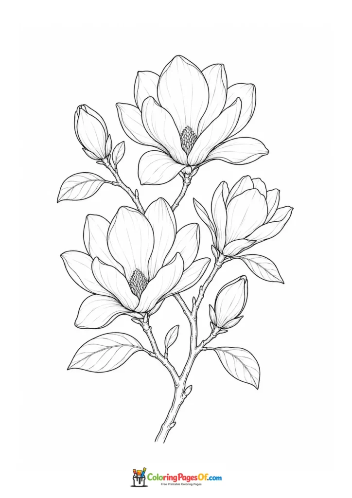 Magnolia branch with three large flowers and several buds coloring page