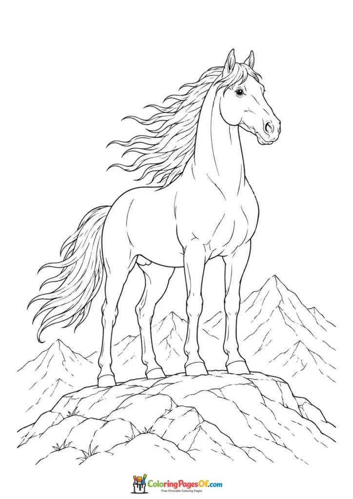 Majestic horse on a mountain peak coloring page