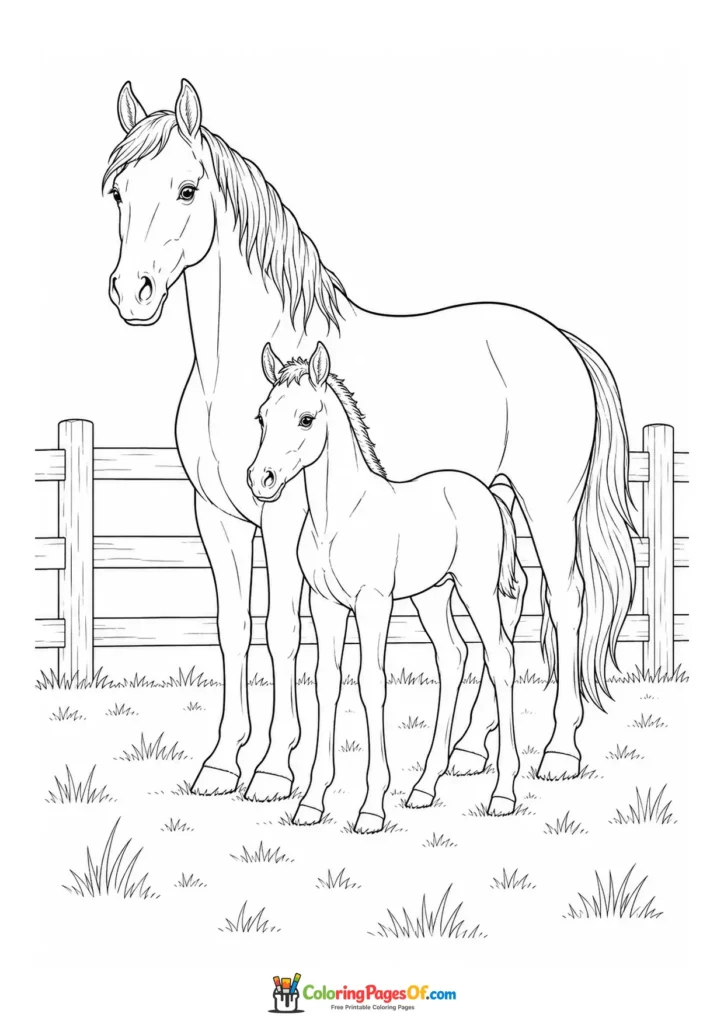 Mare and foal in a fenced pasture coloring page