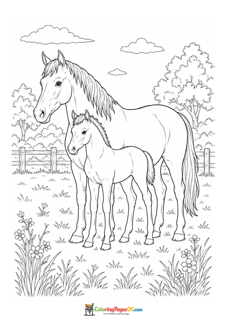 Mare and foal in a pasture coloring page