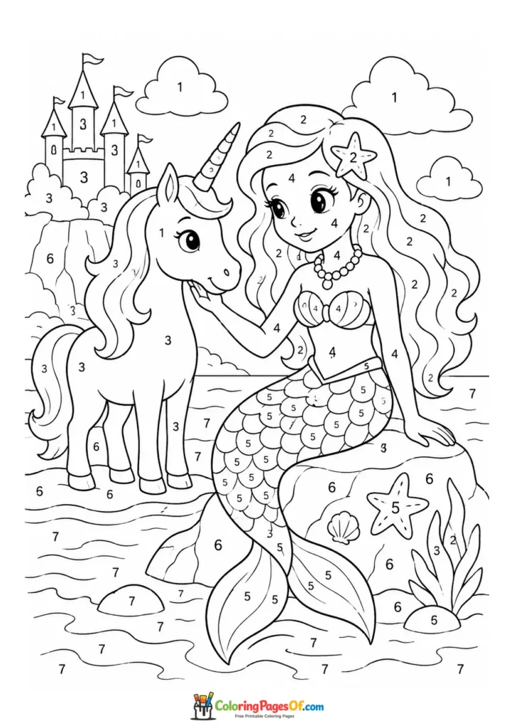 Mermaid and Unicorn at the Castle Shore – Color by Number coloring page