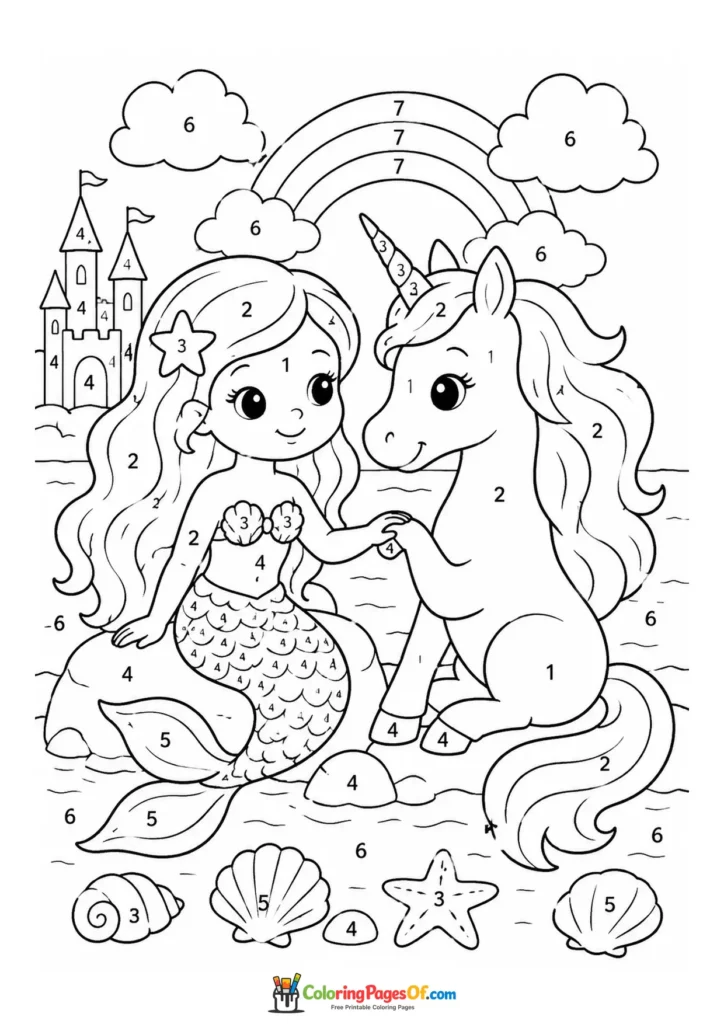 Mermaid Befriending a Unicorn – Color by Number coloring page