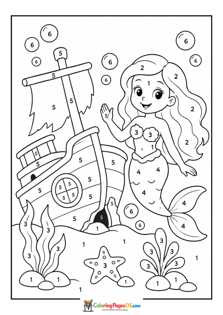 Mermaid Beside a Sunken Ship – Color by Number coloring page
