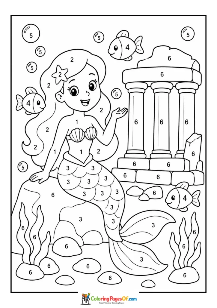 Mermaid Beside Underwater Ruins – Color by Number coloring page