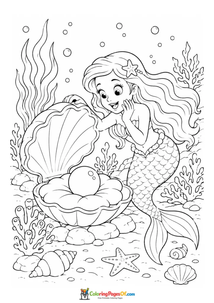 Mermaid Discovering a Pearl in a Giant Shell coloring page