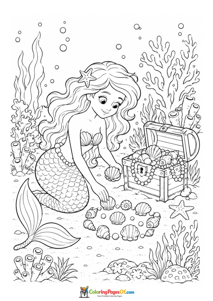 Mermaid Discovering an Underwater Treasure Chest coloring page