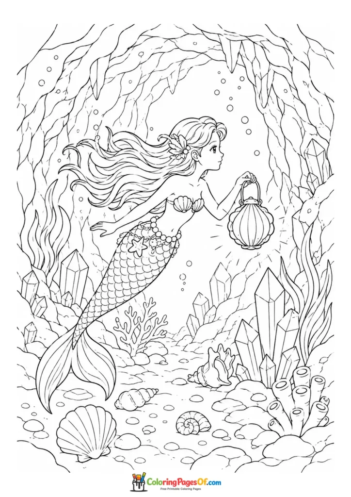 Mermaid Exploring a Crystal Sea Cave coloring page