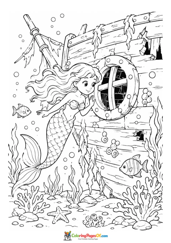 Mermaid Exploring an Old Shipwreck coloring page
