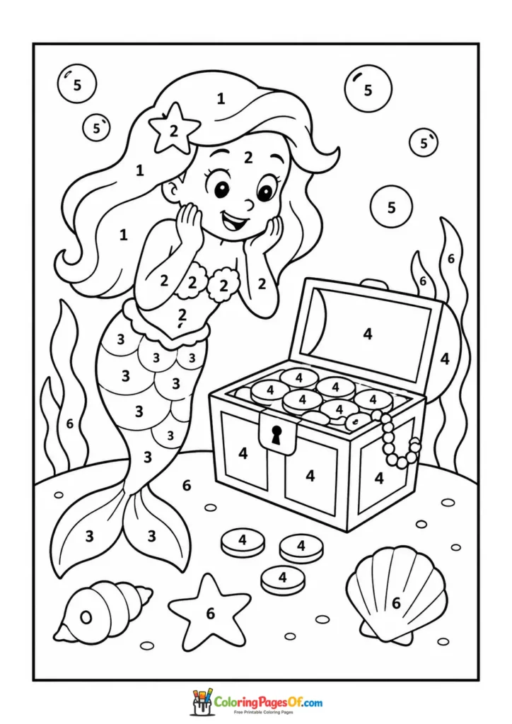 Mermaid Finding a Treasure Chest – Color by Number coloring page
