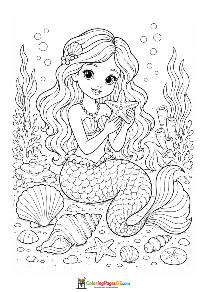 Mermaid Holding a Starfish Underwater coloring page