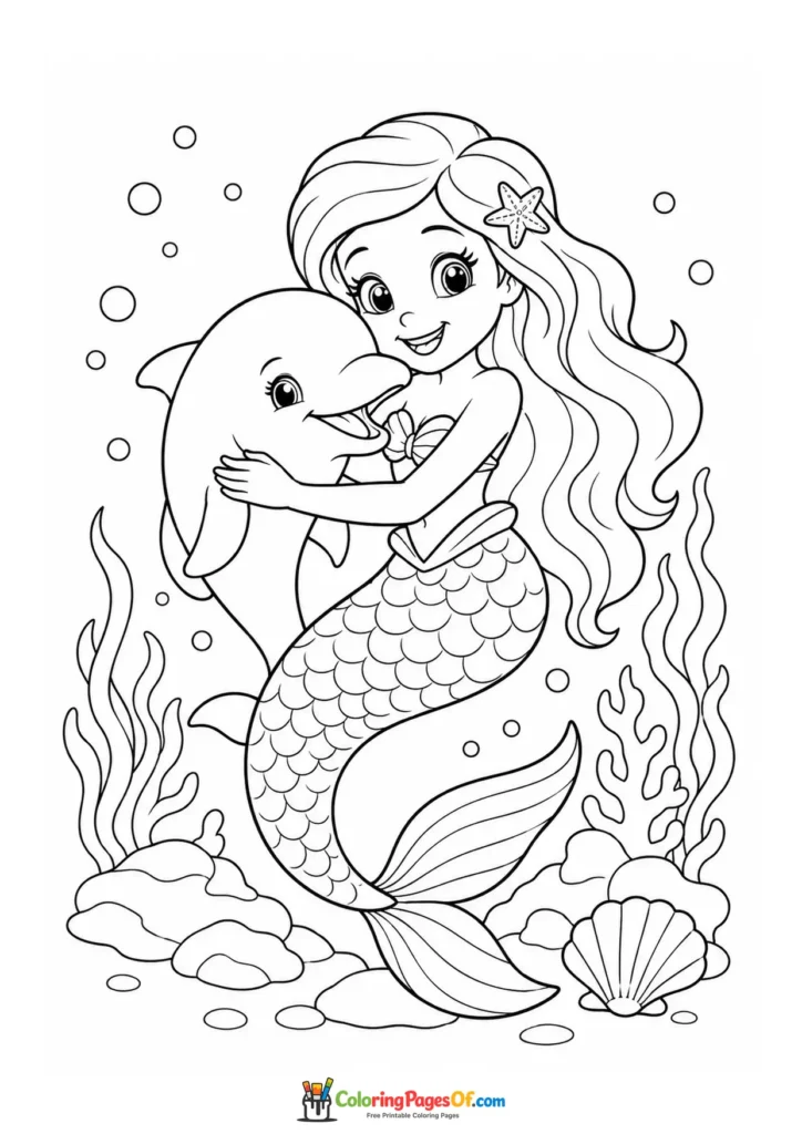 Mermaid Hugging a Friendly Dolphin coloring page