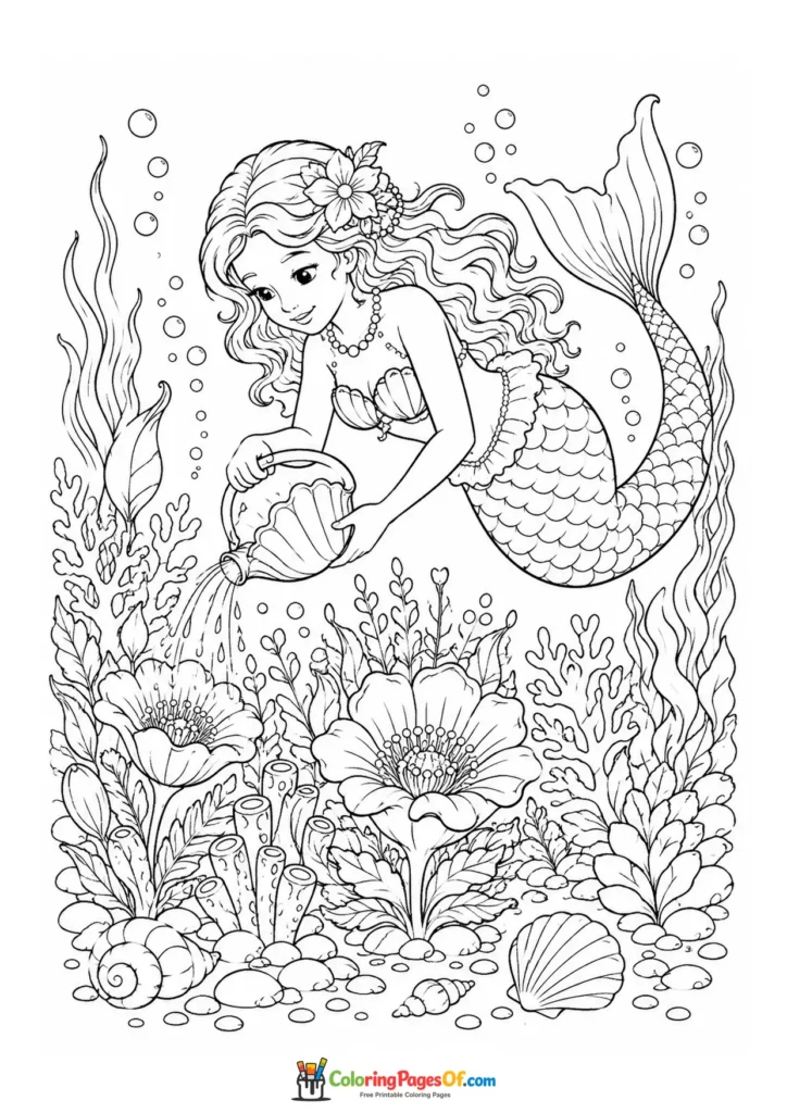Mermaid in an Underwater Flower Garden coloring page