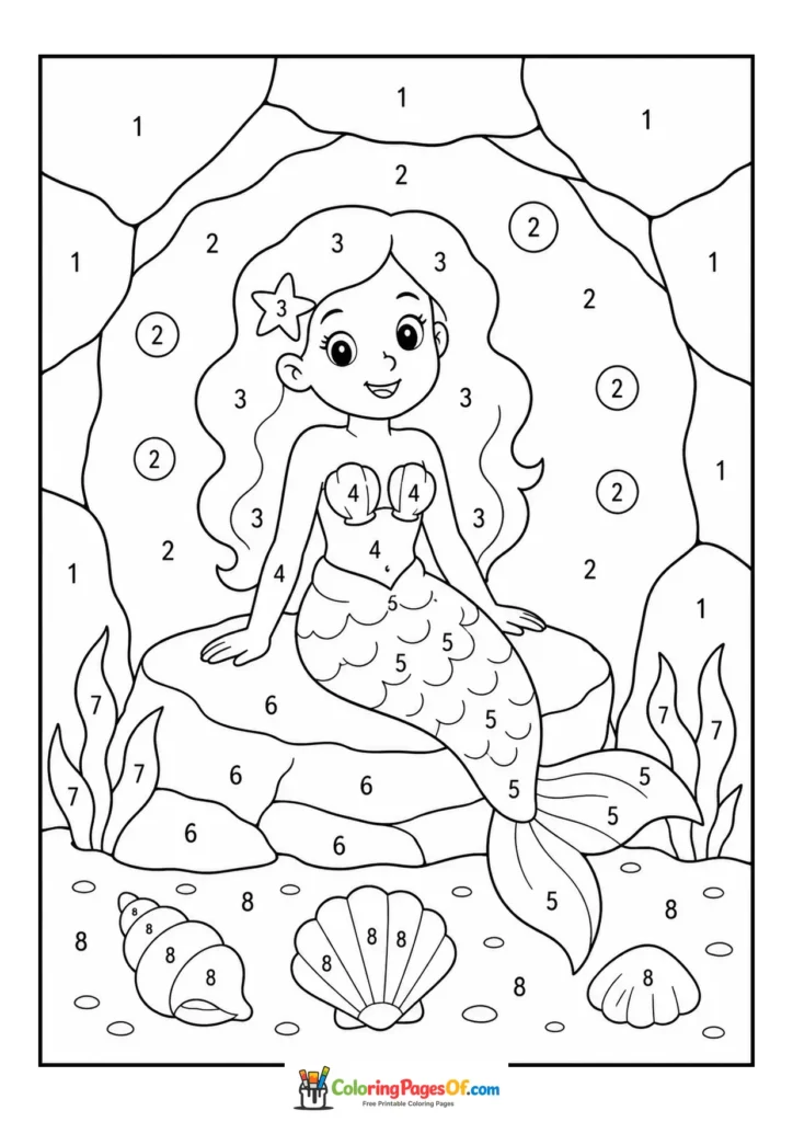 Mermaid Inside an Underwater Cave – Color by Number coloring page