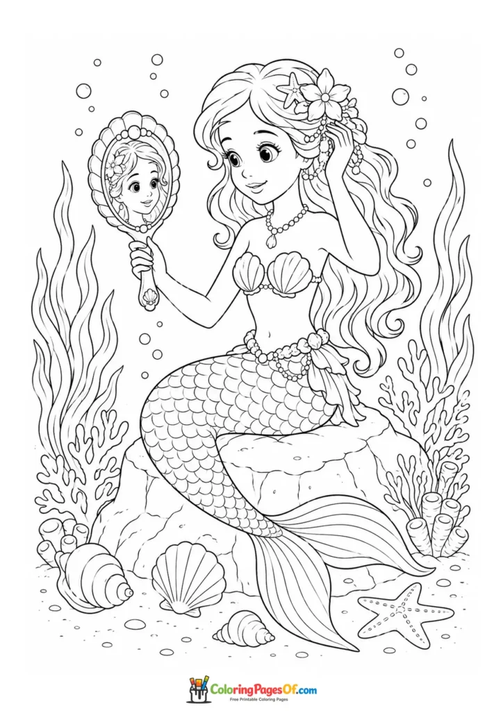 Mermaid Looking into a Hand Mirror coloring page