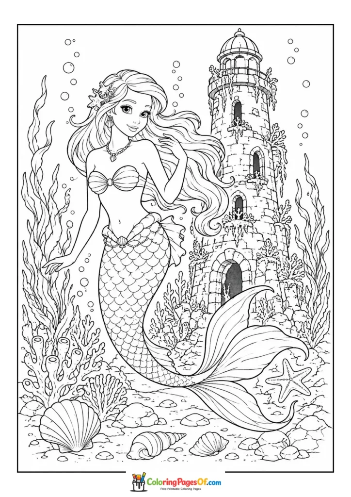 Mermaid Near an Underwater Lighthouse coloring page