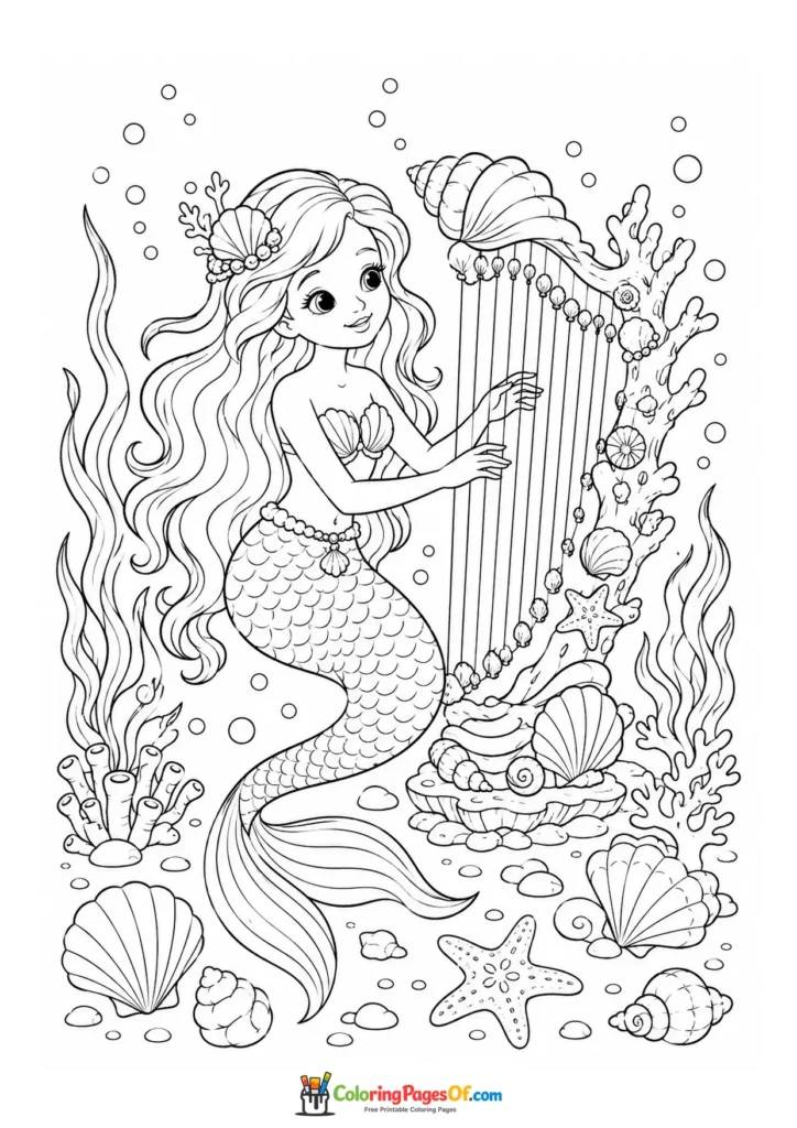 Mermaid Playing a Harp Underwater coloring page