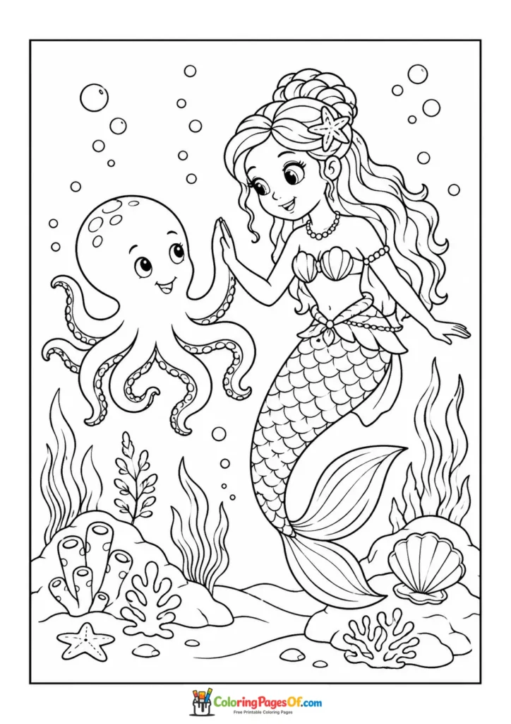 Mermaid Playing with a Friendly Octopus coloring page