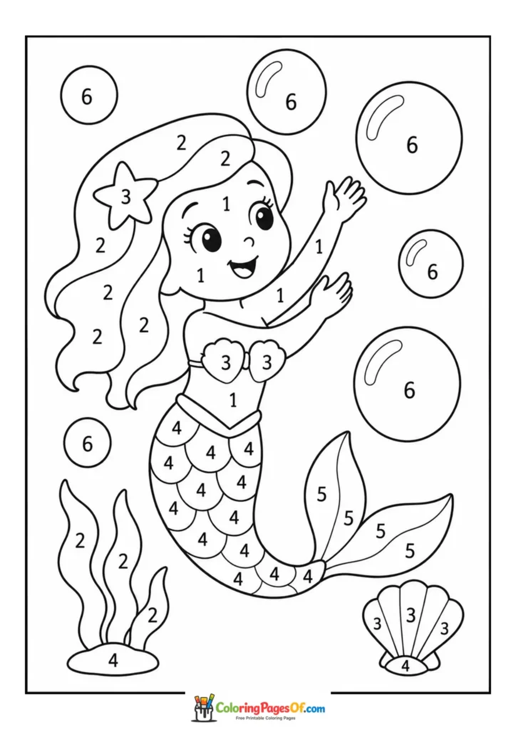 Mermaid Playing with Bubbles – Color by Number coloring page