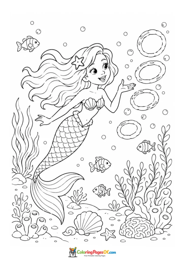 Mermaid Playing with Underwater Bubbles coloring page