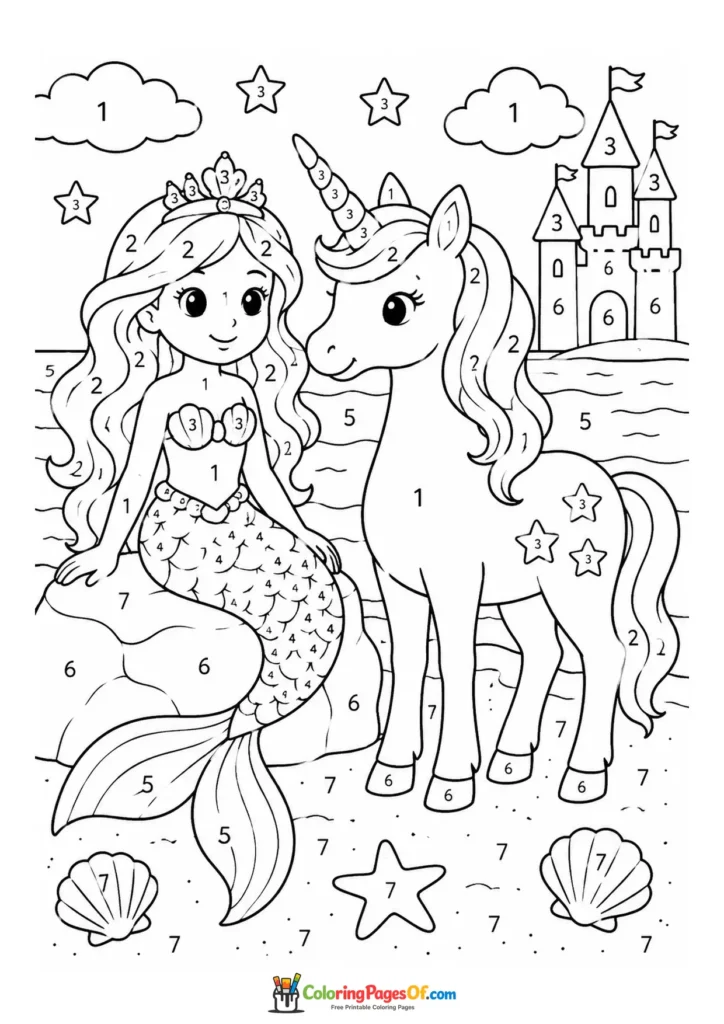 Mermaid Princess and Unicorn Near a Castle – Color by Number coloring page