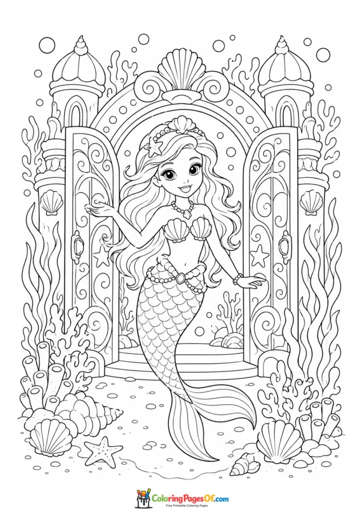 Mermaid Princess at an Underwater Palace coloring page