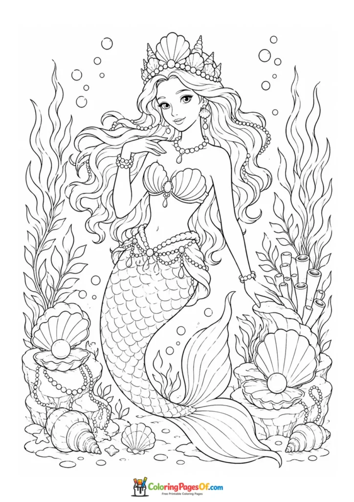 Mermaid Queen in a Coral Garden coloring page