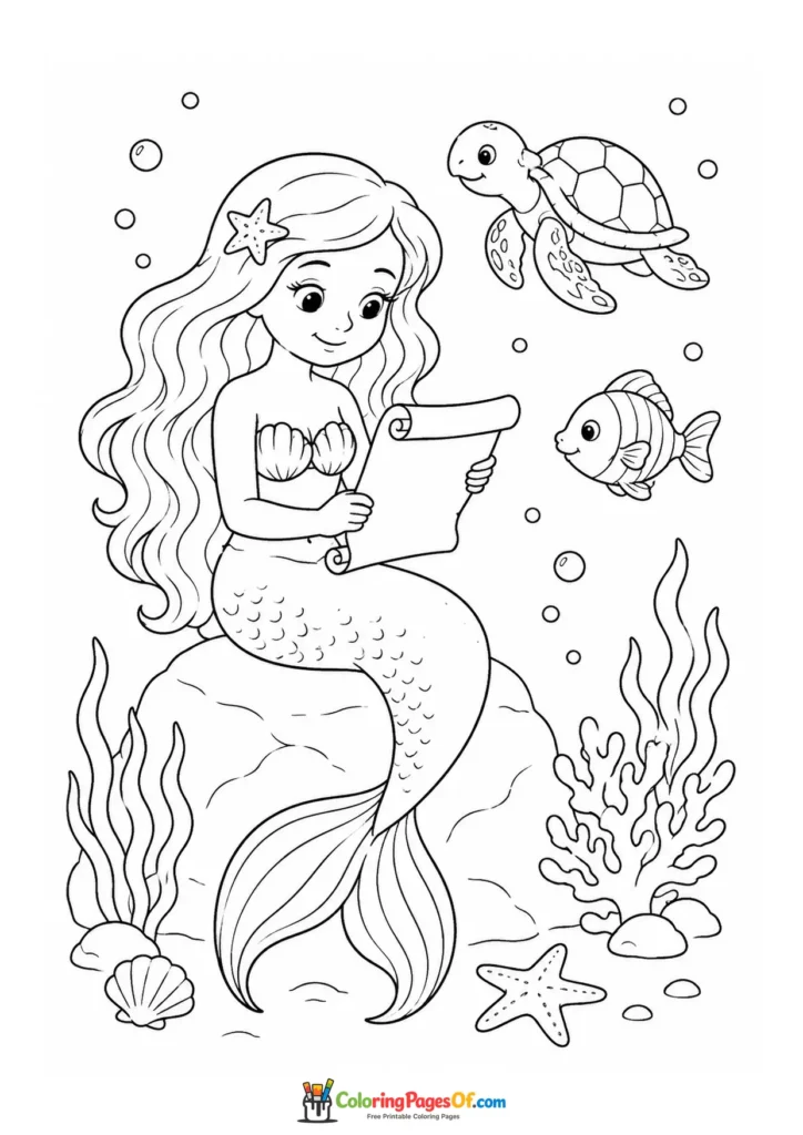 Mermaid Reading with a Turtle and Fish coloring page