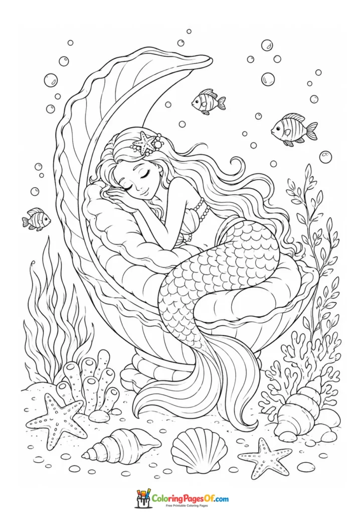 Mermaid Resting Inside a Giant Shell coloring page
