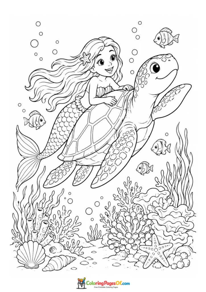 Mermaid Riding a Sea Turtle coloring page