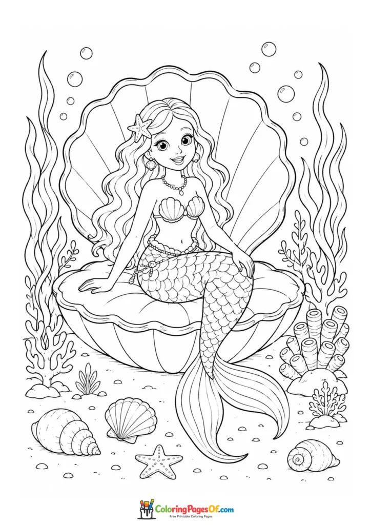 Mermaid Seated in an Open Seashell coloring page