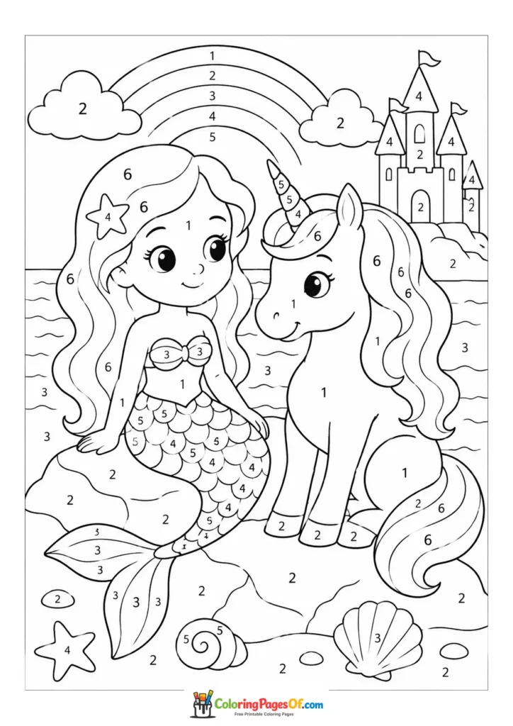 Mermaid Sitting Beside a Sea Unicorn – Color by Number coloring page