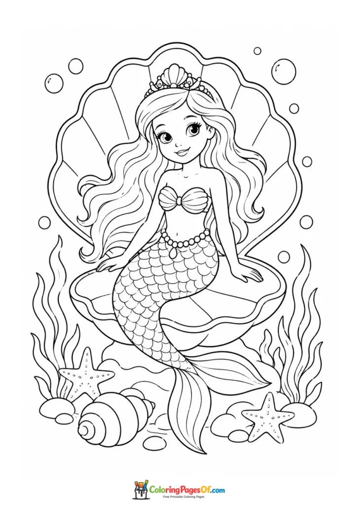 Mermaid Sitting Inside a Giant Seashell coloring page