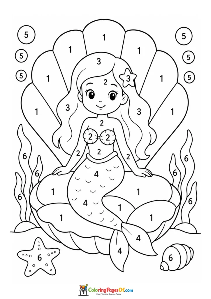 Mermaid Sitting Inside a Giant Shell – Color by Number coloring page