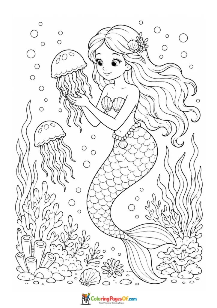 Mermaid Surrounded by Jellyfish coloring page