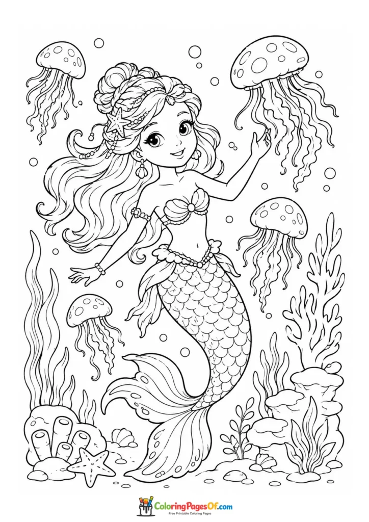 Mermaid Swimming Among Jellyfish coloring page