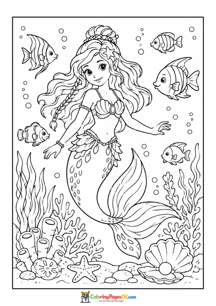 Mermaid Surrounded by Tropical Fish coloring page