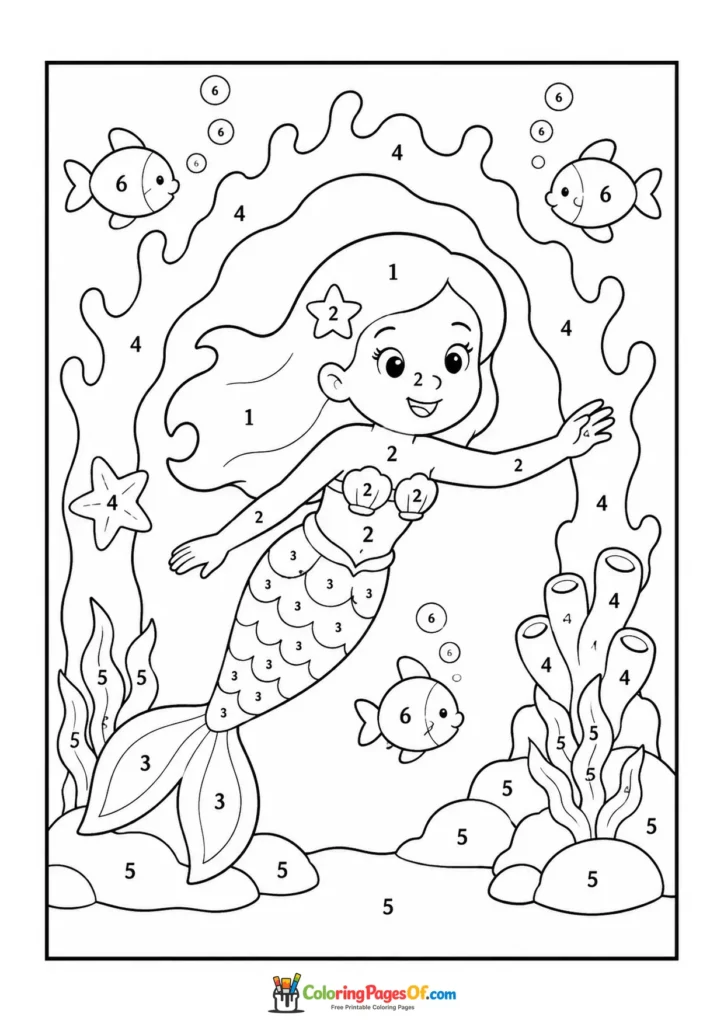 Mermaid Swimming Through a Coral Arch – Color by Number coloring page