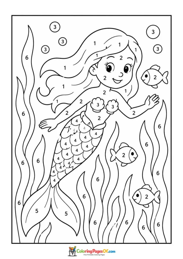 Mermaid Swimming Through Seaweed – Color by Number coloring page