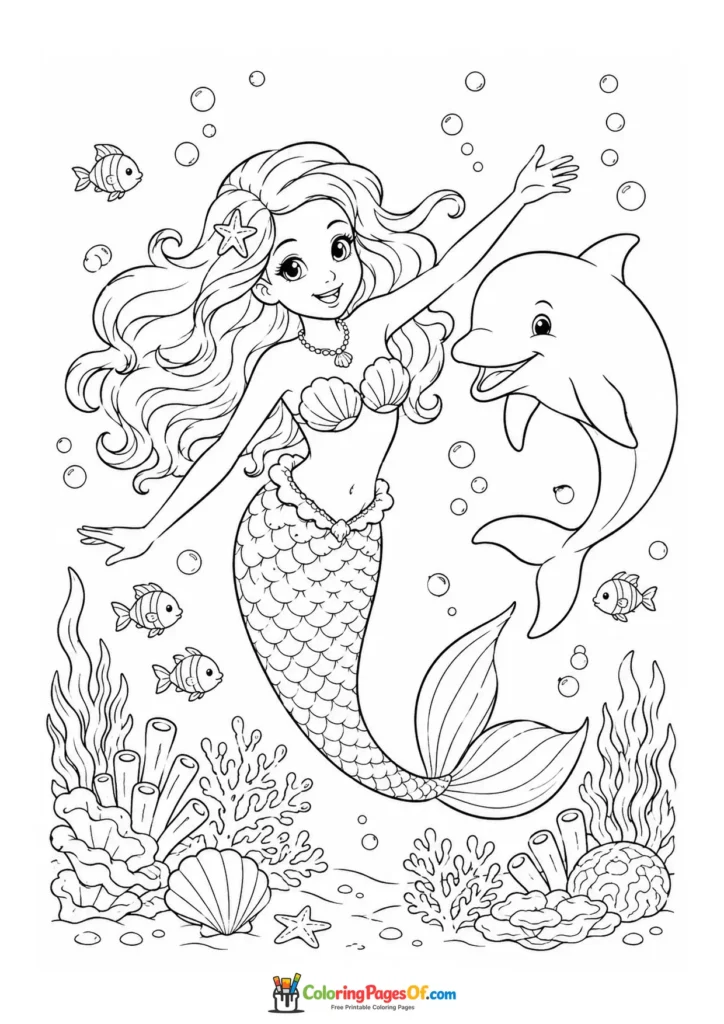 Mermaid Swimming with a Friendly Dolphin coloring page