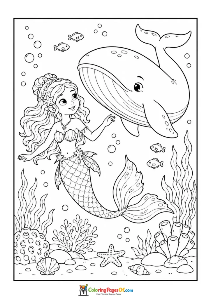 Mermaid Swimming with a Friendly Whale coloring page
