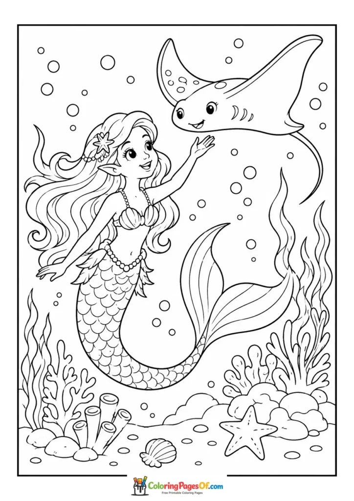 Mermaid Beside a Manta Ray coloring page