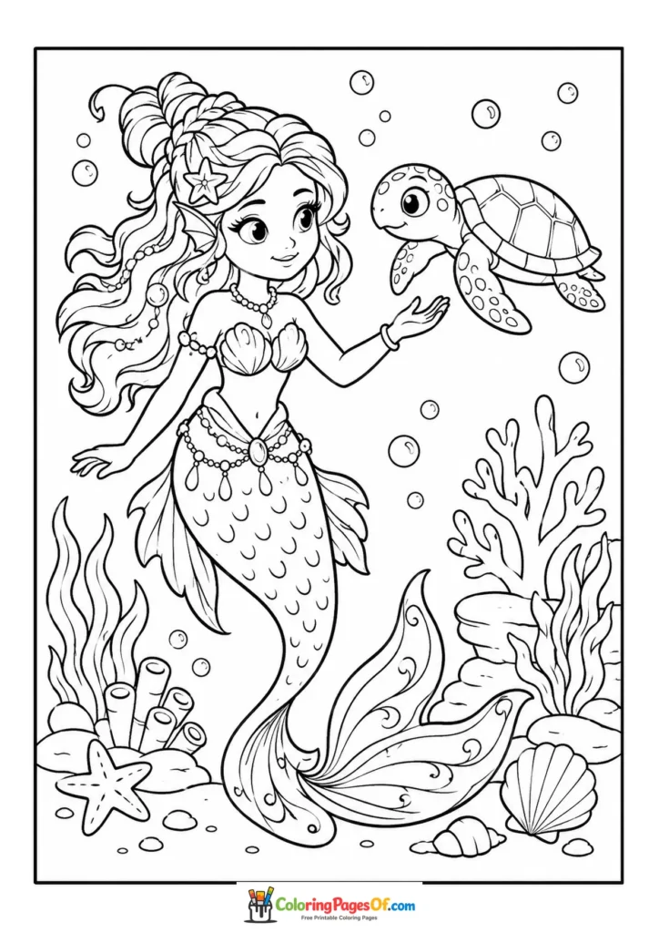 Mermaid Swimming with a Sea Turtle coloring page